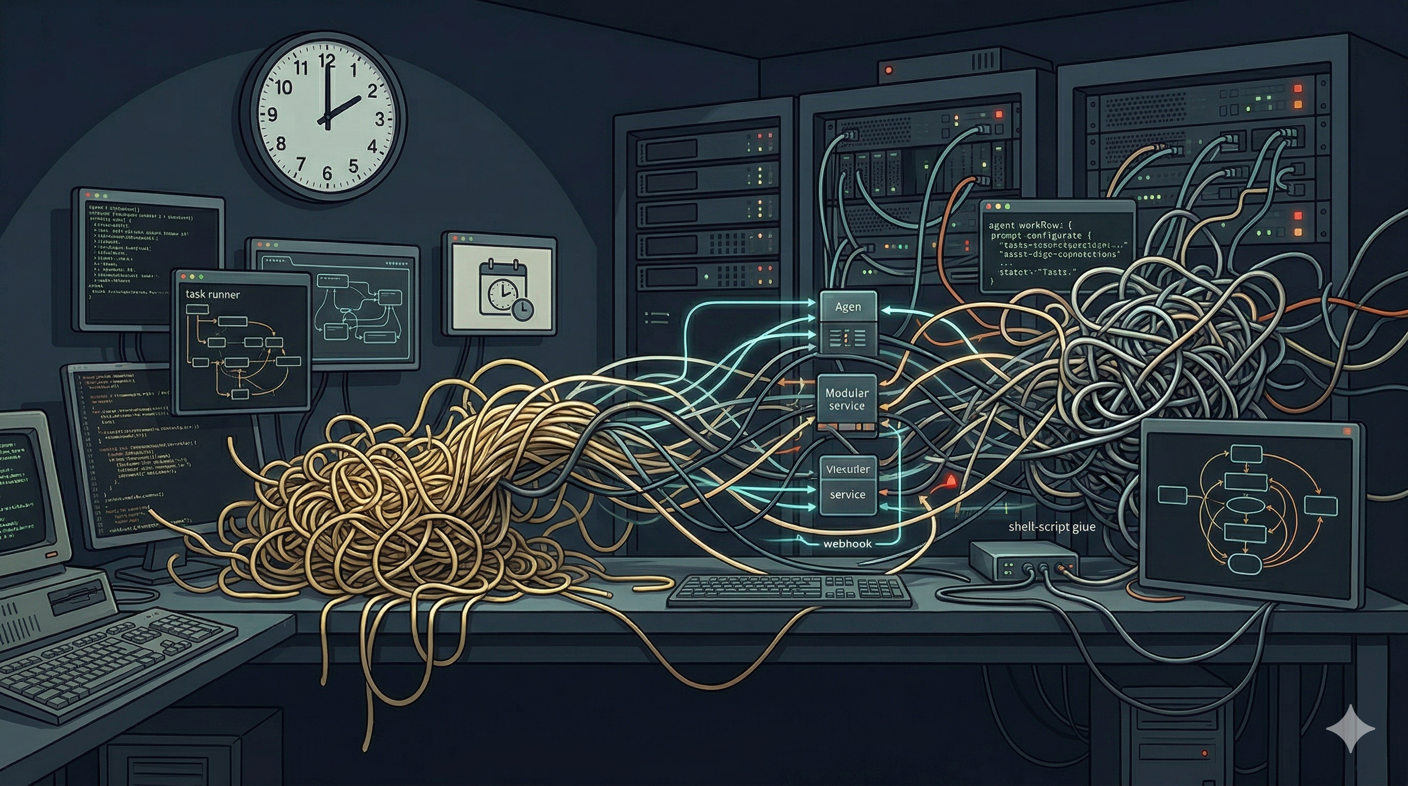 Tangled spaghetti and cables spreading across screens, API blocks, and schedulers