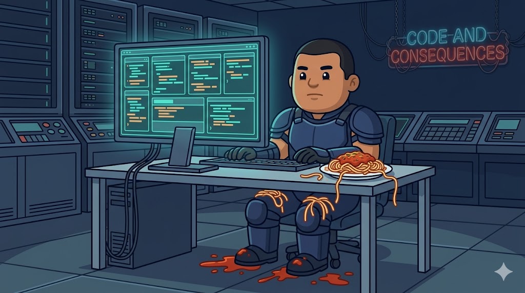 Patch Murphy at a workstation with spaghetti on the desk, lap, and floor