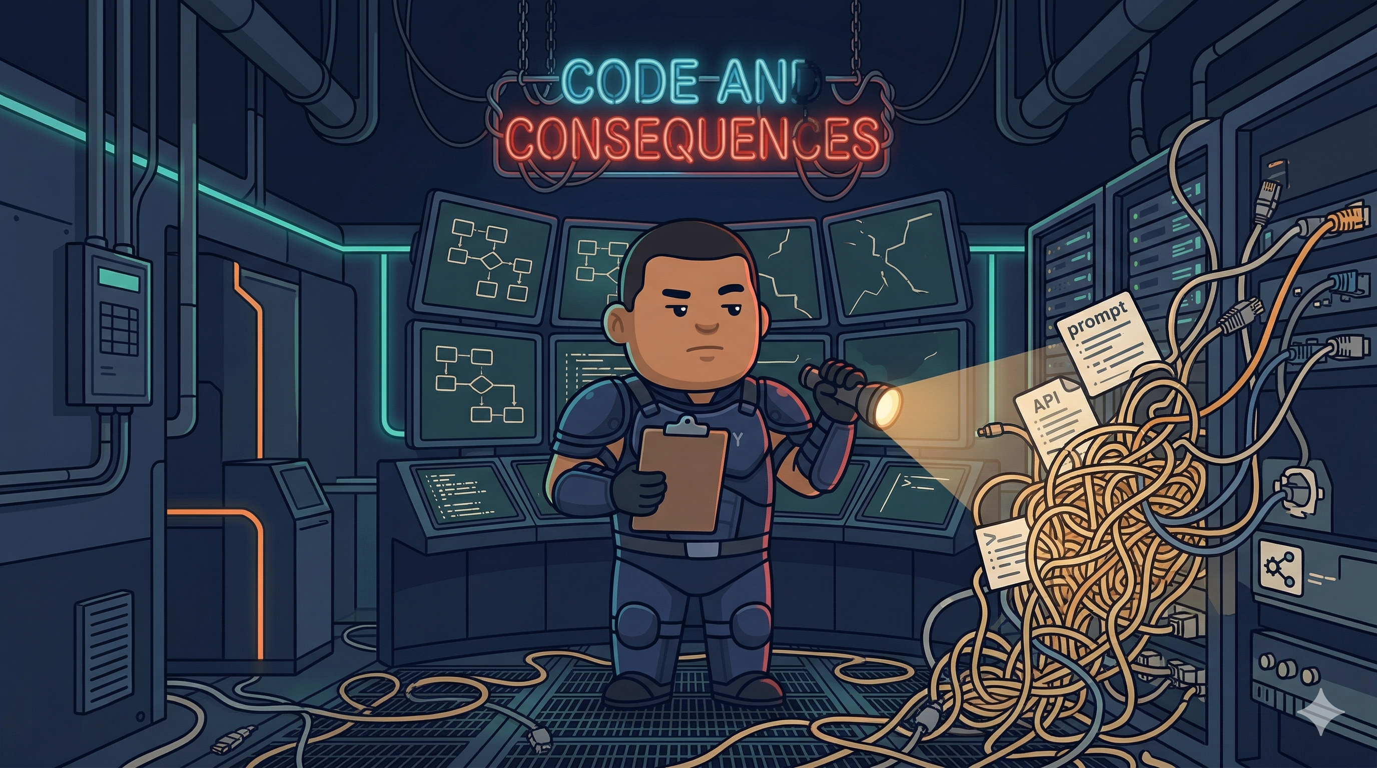 Patch Murphy inspecting a tangled workflow knot made of prompts, APIs, and cables